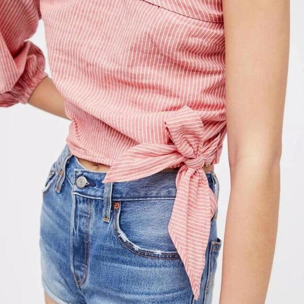 Free People NWT Pink Get Down Striped One Shoulder Top with tie detail.